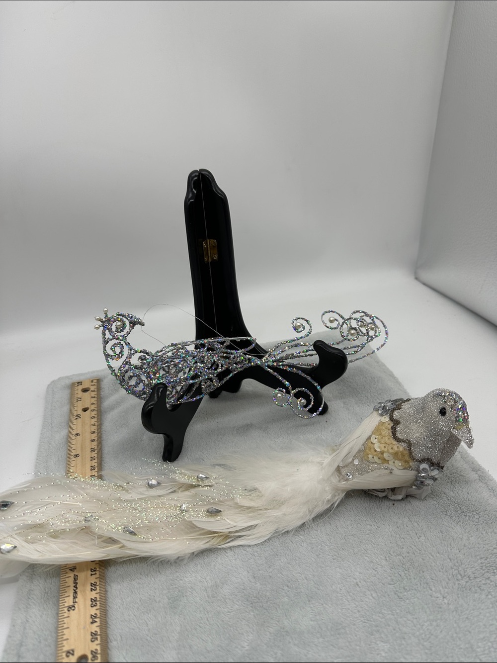 Vintage 2 Beaded & Glittered Crystal Peacock Ornaments 1 Wire & 1 Feathered